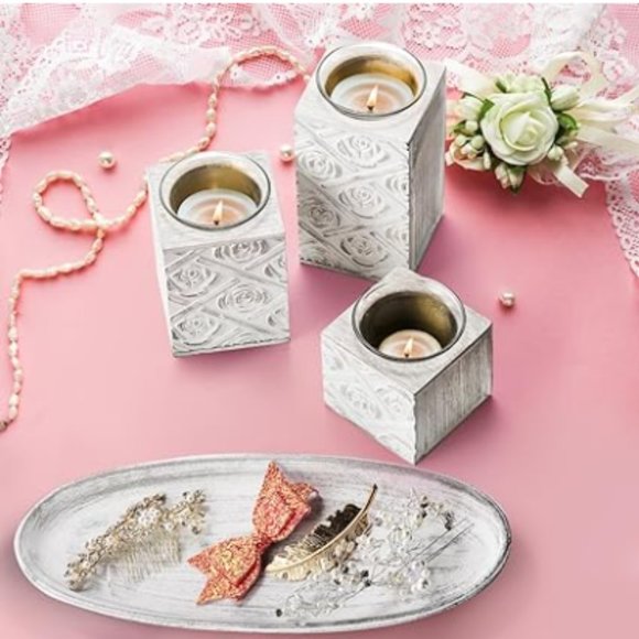 Set of 3 / 3 Sizes - Tealight / Votive Candle Holders with Wooden Stands & Tray - Picture 4 of 11